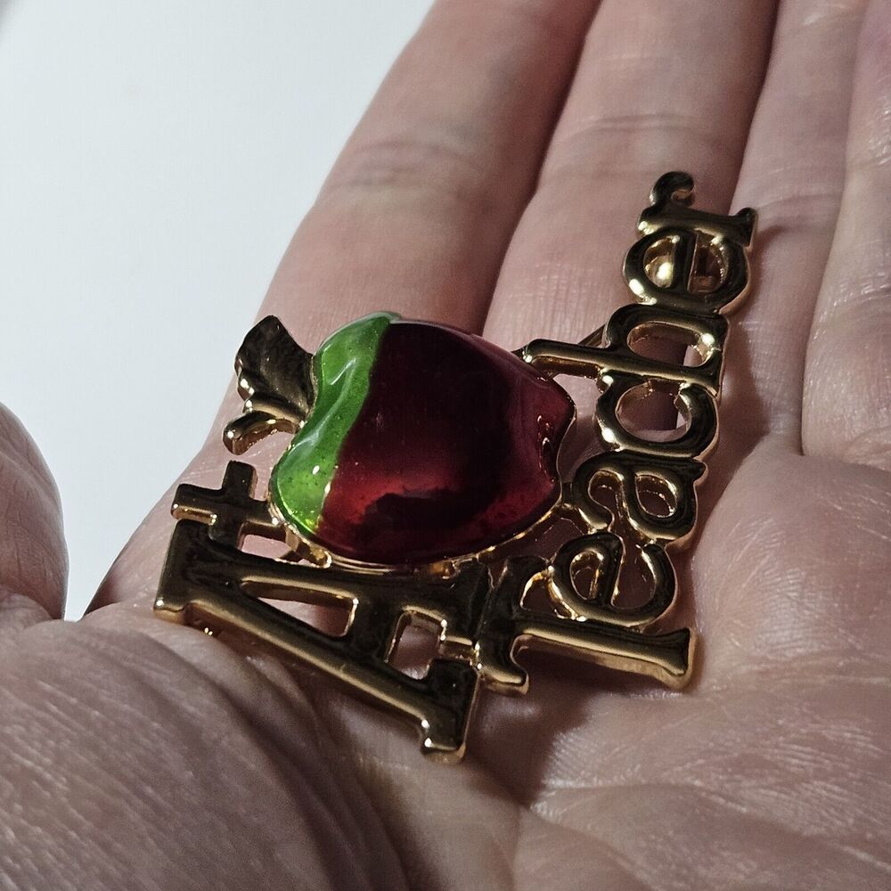 Vintage Danecraft Gold tone Red Enamel A+ Teacher Apple Brooch Pin - Picture 4 of 10